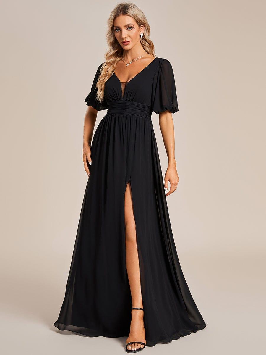 Robe de soirée Mousseline M manches courtes et col en V #Couleur_Bleu Marine Robe de soirée Mousseline M manches courtes et col en V