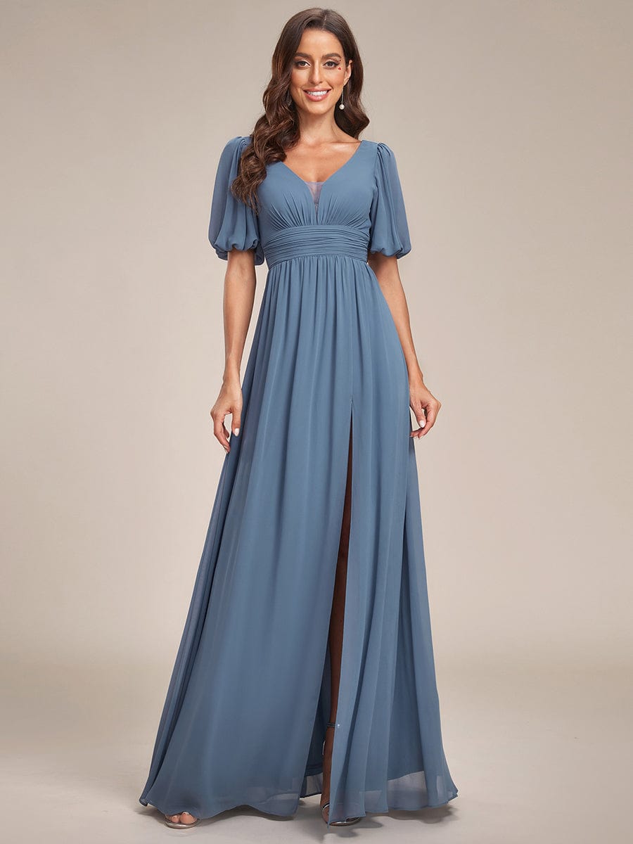 Robe de soirée Mousseline M manches courtes et col en V #Couleur_Bleu Marine Robe de soirée Mousseline M manches courtes et col en V
