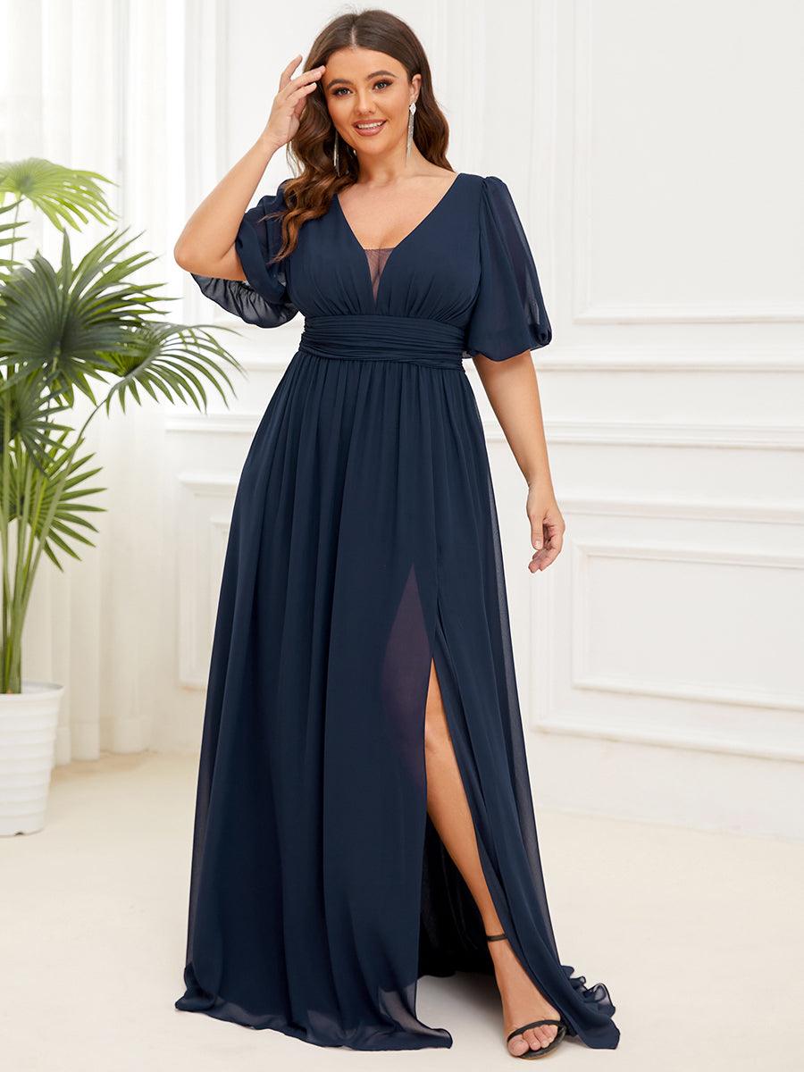 Robe de soirée Mousseline M manches courtes et col en V #Couleur_Bleu Marine