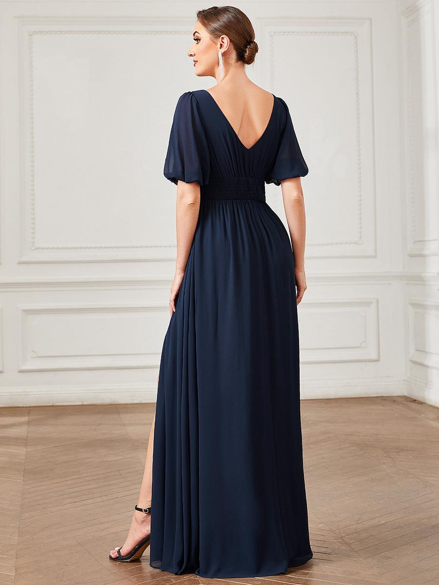 Robe de soirée Mousseline M manches courtes et col en V #Couleur_Bleu Marine Robe de soirée Mousseline M manches courtes et col en V
