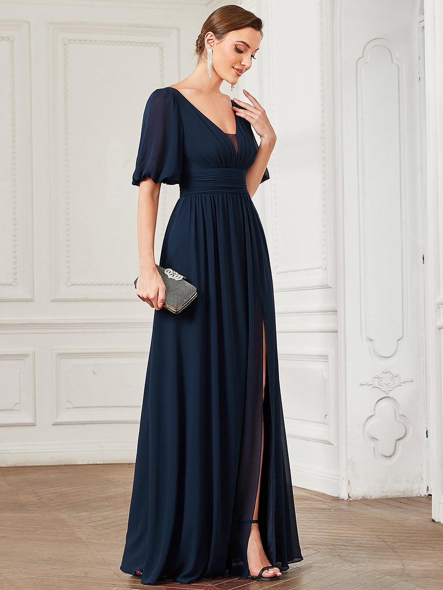 Robe de soirée Mousseline M manches courtes et col en V #Couleur_Bleu Marine Robe de soirée Mousseline M manches courtes et col en V