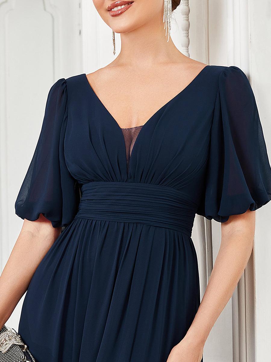 Robe de soirée Mousseline M manches courtes et col en V #Couleur_Bleu Marine Robe de soirée Mousseline M manches courtes et col en V