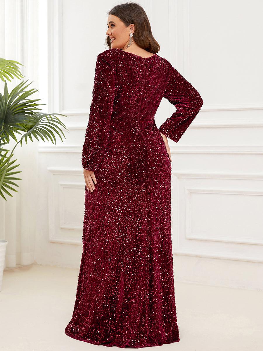 Robe de soirée fendue moulante Manches longues Sequins #Couleur_Bordeaux Robe de soirée fendue moulante Manches longues Sequins