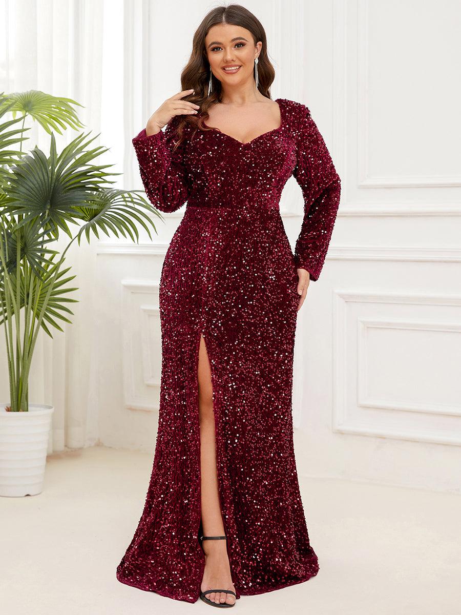 Robe de soirée fendue moulante Manches longues Sequins #Couleur_Bordeaux Robe de soirée fendue moulante Manches longues Sequins