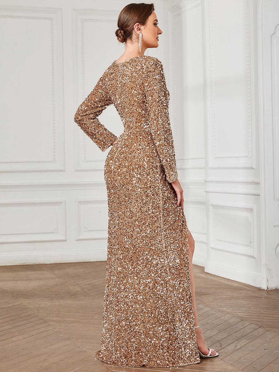 Robe de soirée fendue moulante Manches longues Sequins #Couleur_Bordeaux Robe de soirée fendue moulante Manches longues Sequins