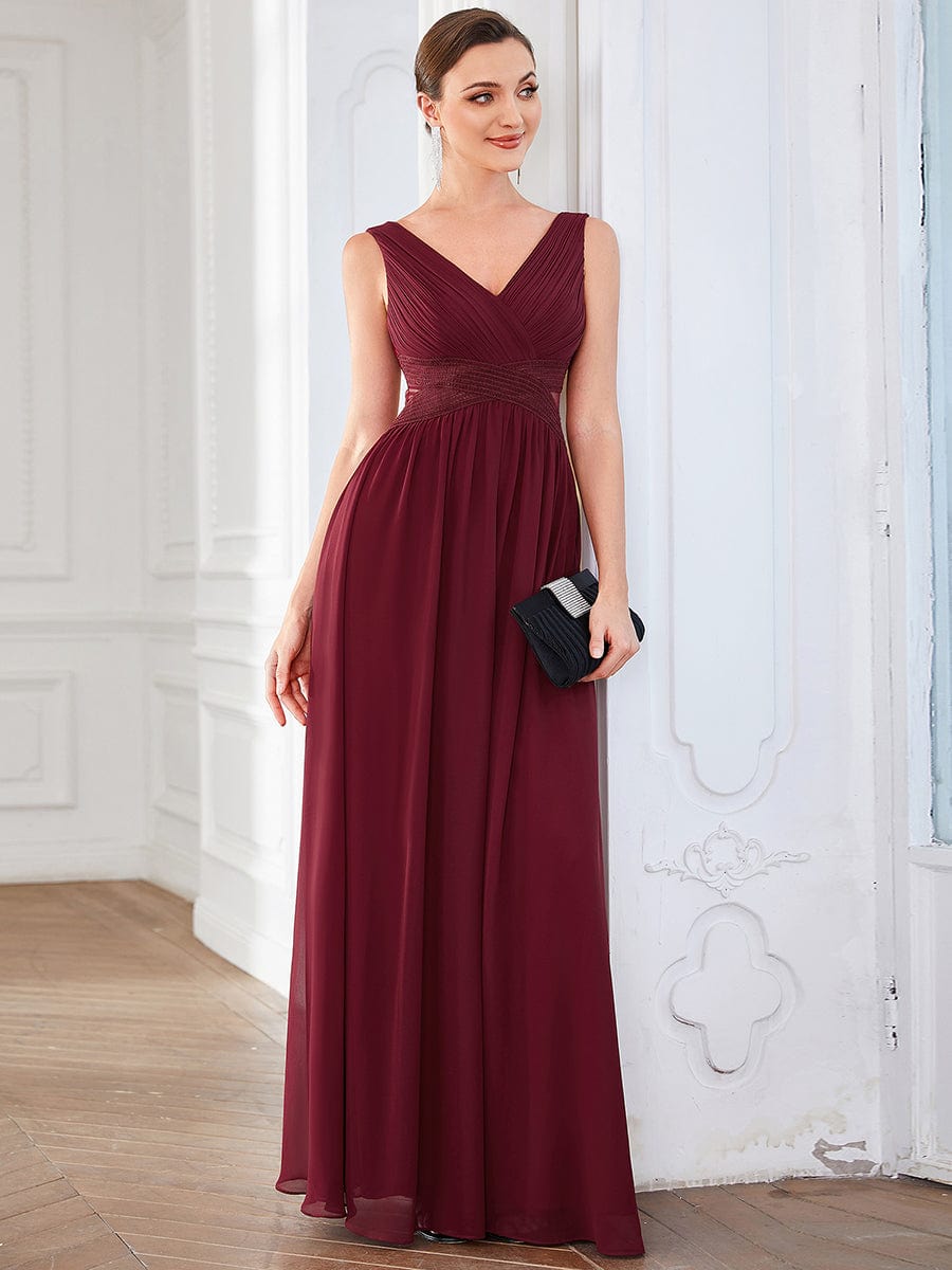 Robe de Soirée A-ligne Découpée Mousseline Plissée #Couleur_Bordeaux Robe de Soirée A-ligne Découpée Mousseline Plissée