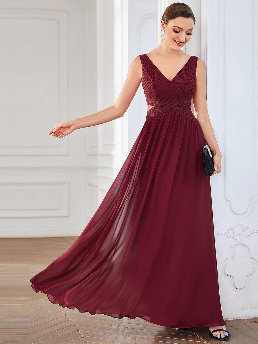 Robe de Soirée A-ligne Découpée Mousseline Plissée #Couleur_Bordeaux Robe de Soirée A-ligne Découpée Mousseline Plissée