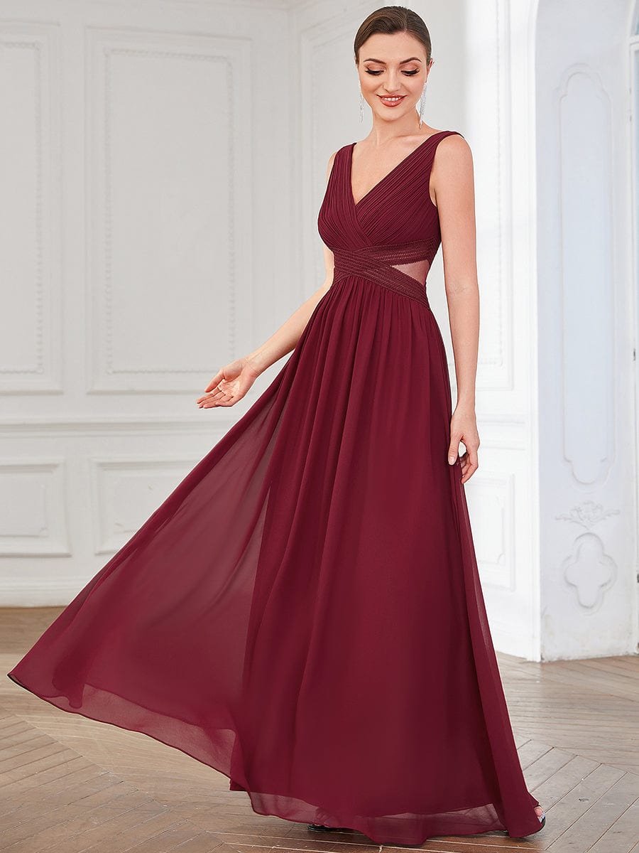 Robe de Soirée A-ligne Découpée Mousseline Plissée #Couleur_Bordeaux Robe de Soirée A-ligne Découpée Mousseline Plissée