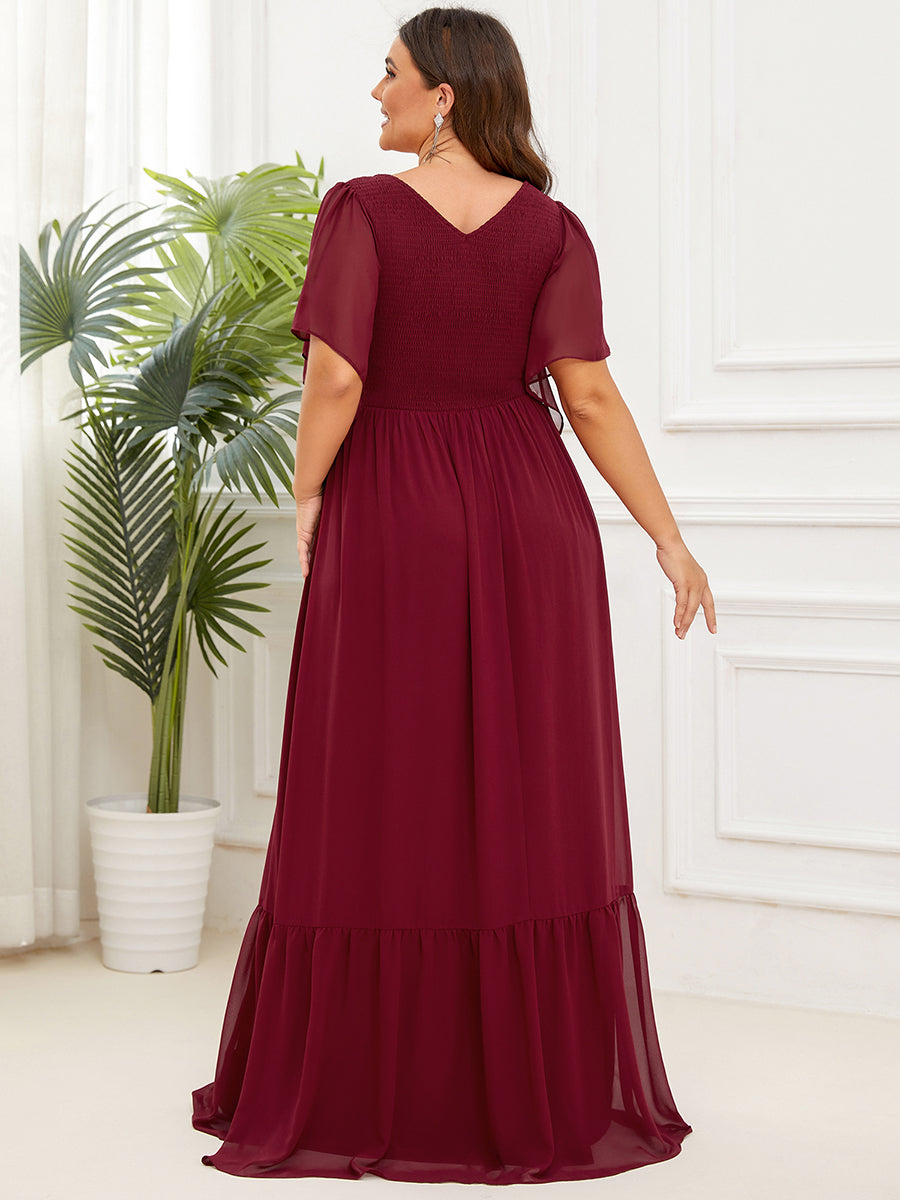 Robe de soirée trapèze froncée Manches courtes Col en V #Couleur_Bordeaux Robe de soirée trapèze froncée Manches courtes Col en V