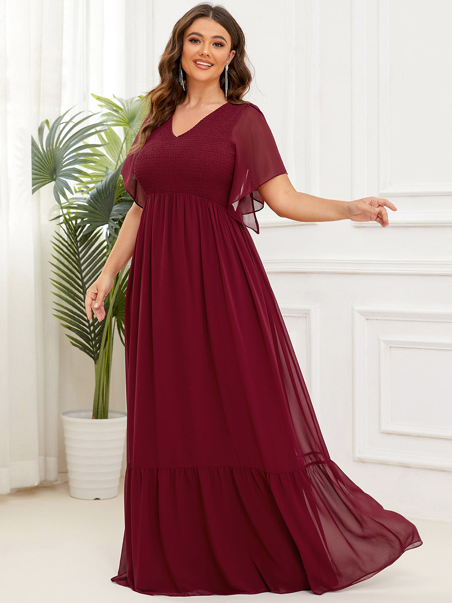 Robe de soirée trapèze froncée Manches courtes Col en V #Couleur_Bordeaux Robe de soirée trapèze froncée Manches courtes Col en V