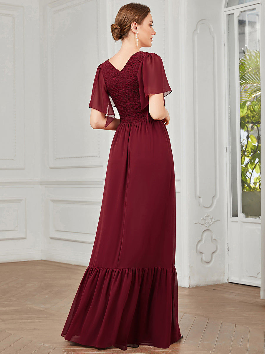 Robe de soirée trapèze froncée Manches courtes Col en V #Couleur_Bordeaux Robe de soirée trapèze froncée Manches courtes Col en V
