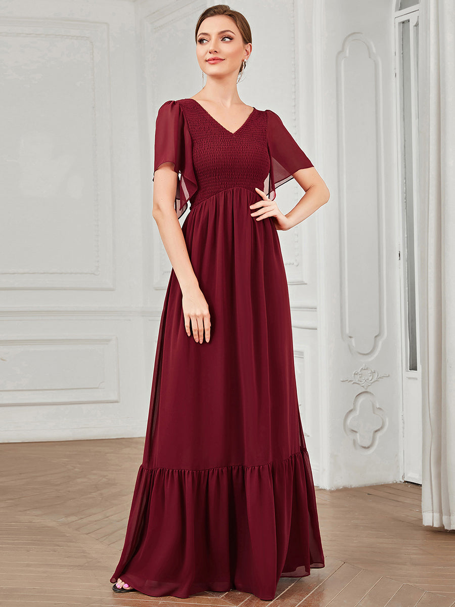 Robe de soirée trapèze froncée Manches courtes Col en V #Couleur_Bordeaux Robe de soirée trapèze froncée Manches courtes Col en V