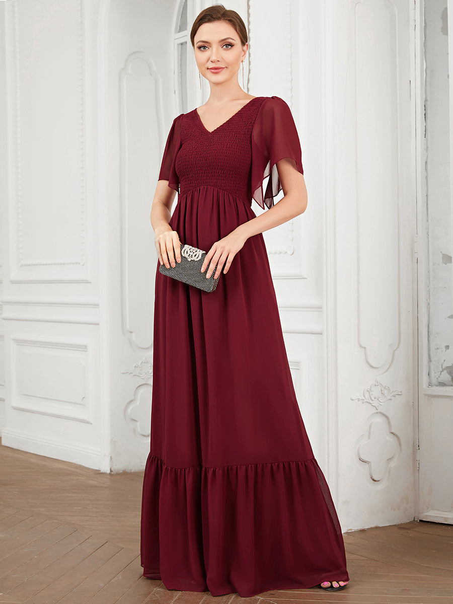Robe de soirée trapèze froncée Manches courtes Col en V #Couleur_Bordeaux Robe de soirée trapèze froncée Manches courtes Col en V