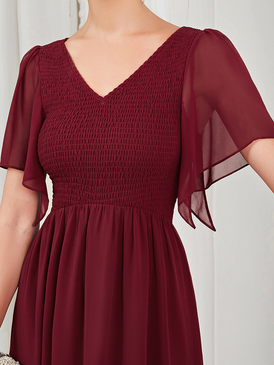 Robe de soirée trapèze froncée Manches courtes Col en V #Couleur_Bordeaux Robe de soirée trapèze froncée Manches courtes Col en V