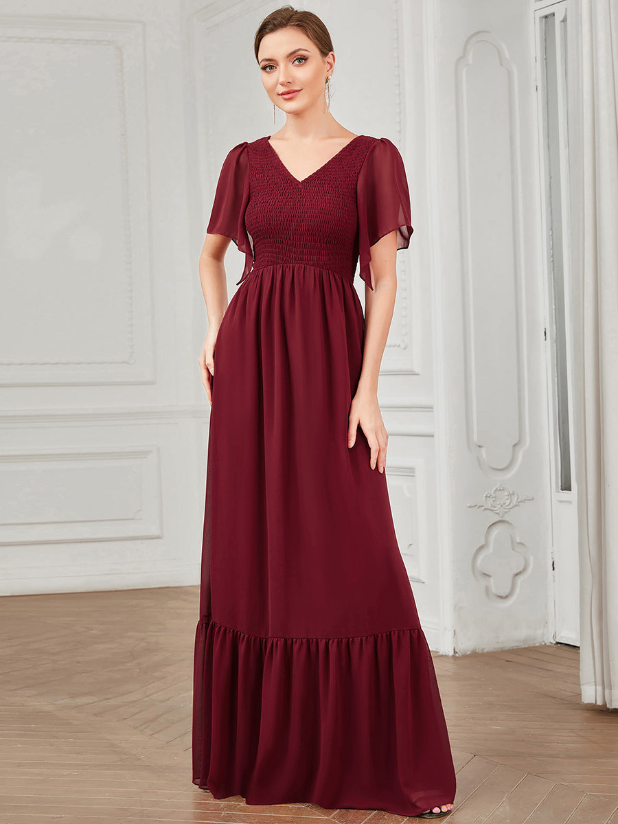 Robe de soirée trapèze froncée Manches courtes Col en V #Couleur_Bordeaux Robe de soirée trapèze froncée Manches courtes Col en V