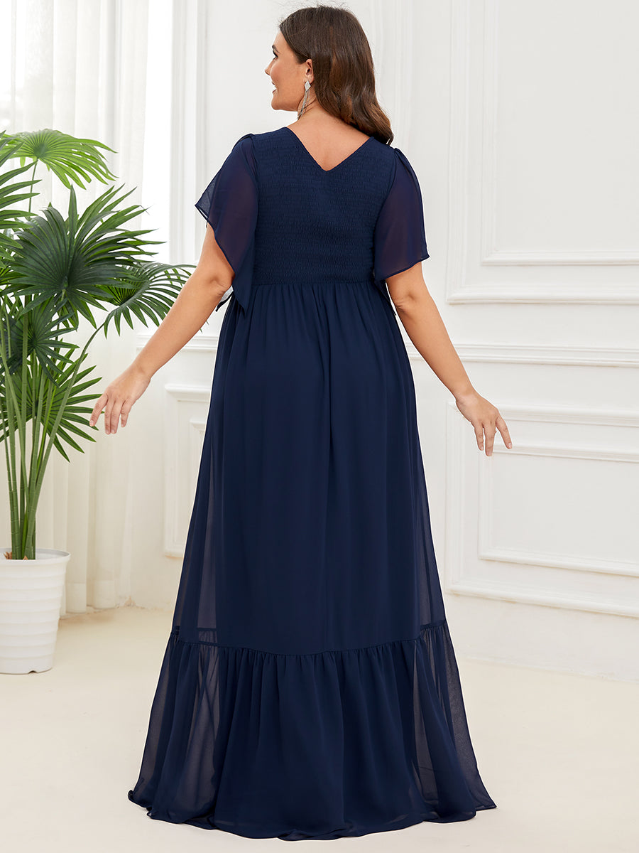 Robe de soirée trapèze froncée Manches courtes Col en V #Couleur_Bordeaux Robe de soirée trapèze froncée Manches courtes Col en V