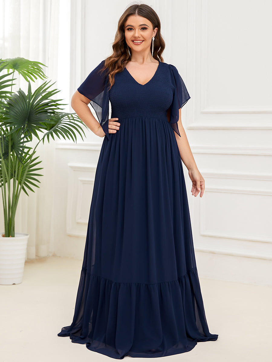 Robe de soirée trapèze froncée Manches courtes Col en V #Couleur_Bordeaux Robe de soirée trapèze froncée Manches courtes Col en V