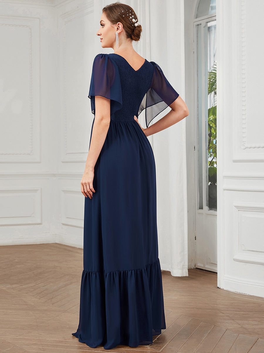 Robe de soirée trapèze froncée Manches courtes Col en V #Couleur_Bordeaux Robe de soirée trapèze froncée Manches courtes Col en V