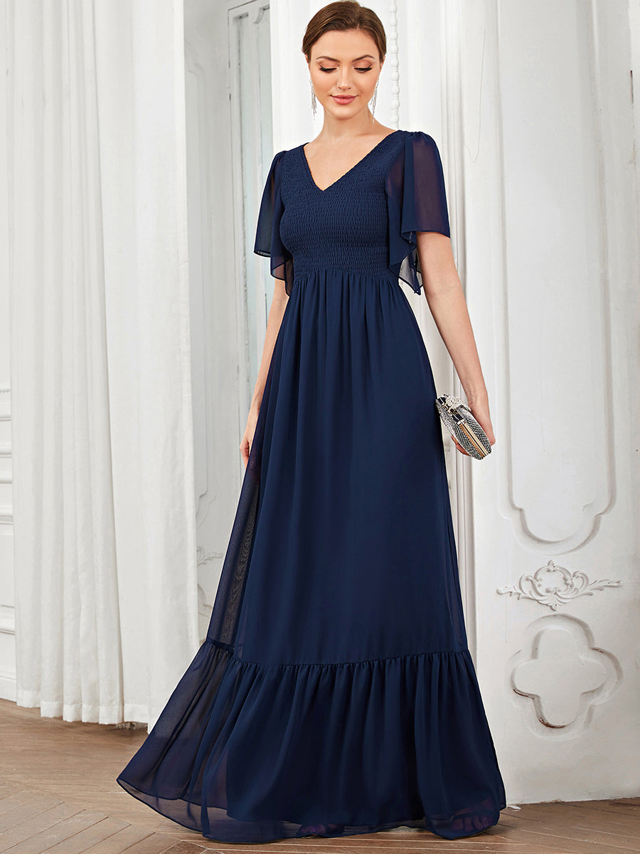 Robe de soirée trapèze froncée Manches courtes Col en V #Couleur_Bordeaux Robe de soirée trapèze froncée Manches courtes Col en V