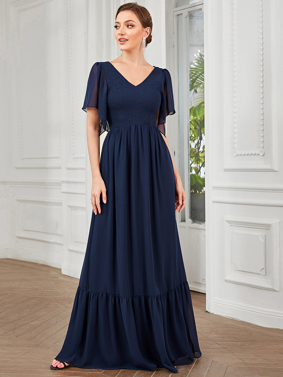 Robe de soirée trapèze froncée Manches courtes Col en V #Couleur_Bordeaux Robe de soirée trapèze froncée Manches courtes Col en V