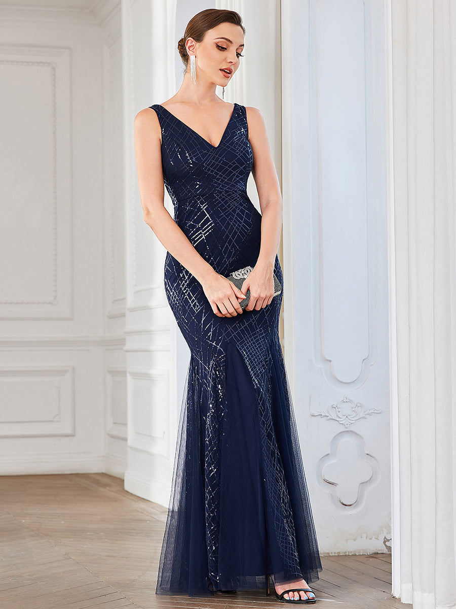Robe de soirée moulante en cage sans manches à lacets #Couleur_Bleu Marine Robe de soirée moulante en cage sans manches à lacets