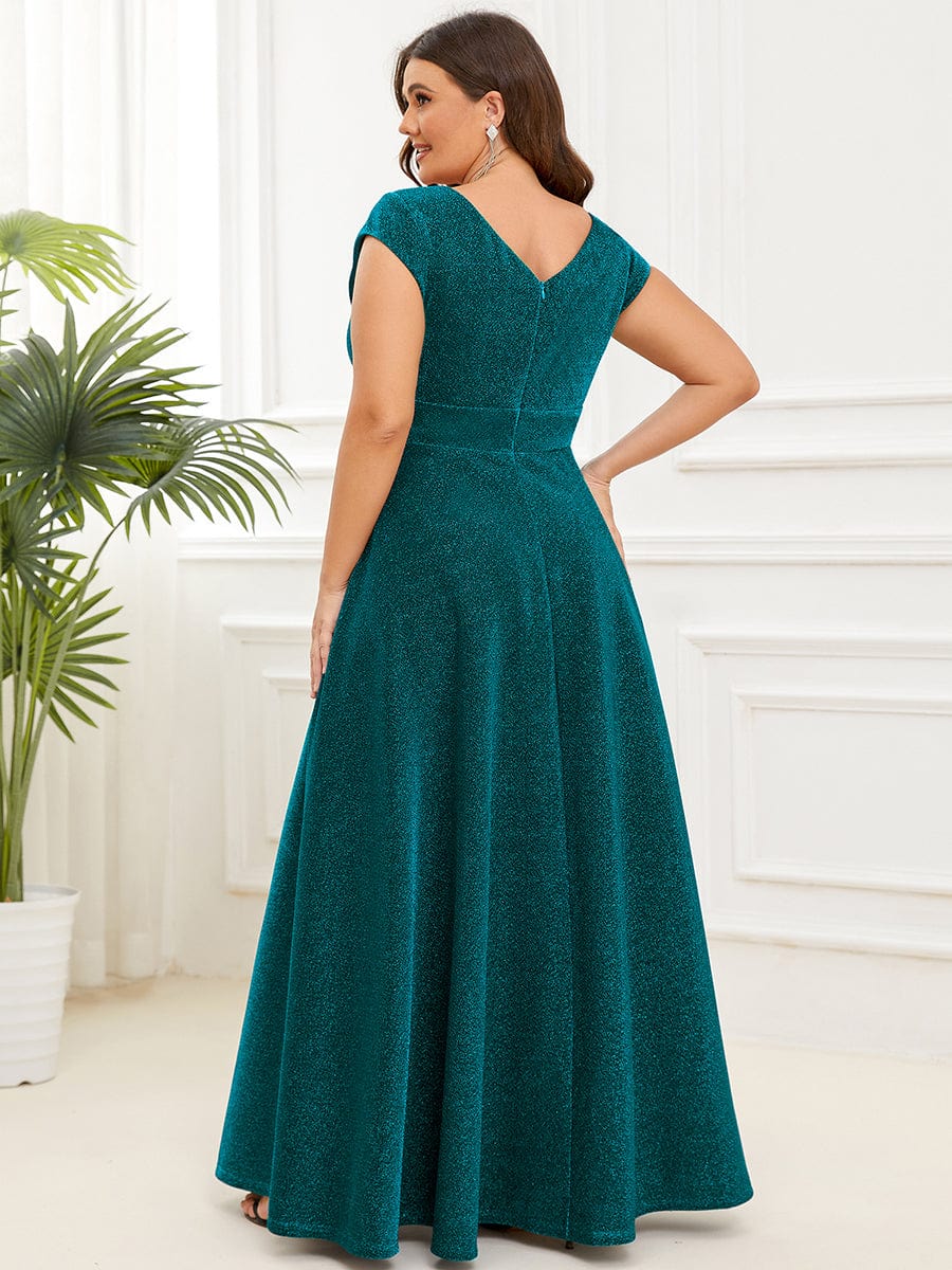 Robe de soirée trapèze plissée à manches courtes et col en V #Couleur_Bleu Marine Robe de soirée trapèze plissée à manches courtes et col en V