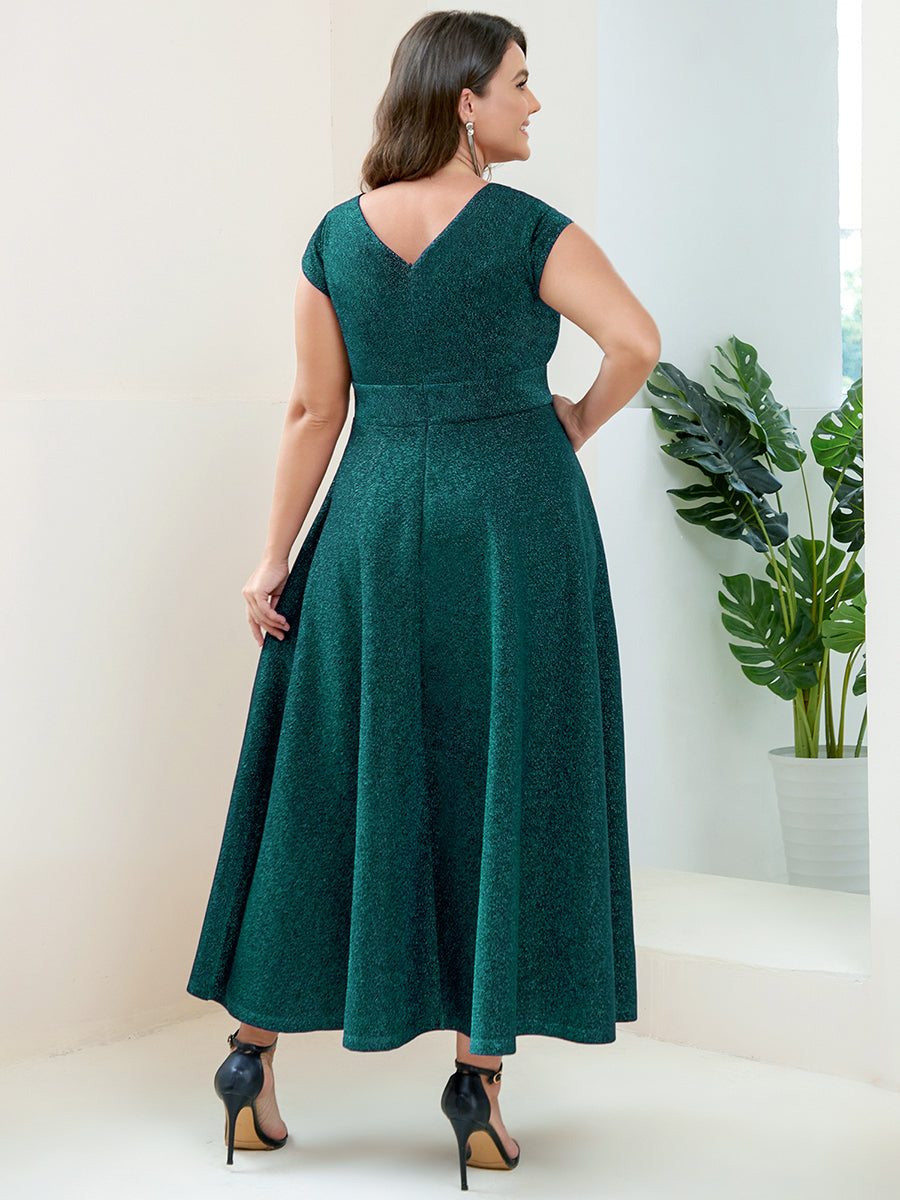 Robe de Soirée Plissée A-ligne à Manches Courtes de Grande Taille #Couleur_Vert Fonce Robe de Soirée Plissée A-ligne à Manches Courtes de Grande Taille