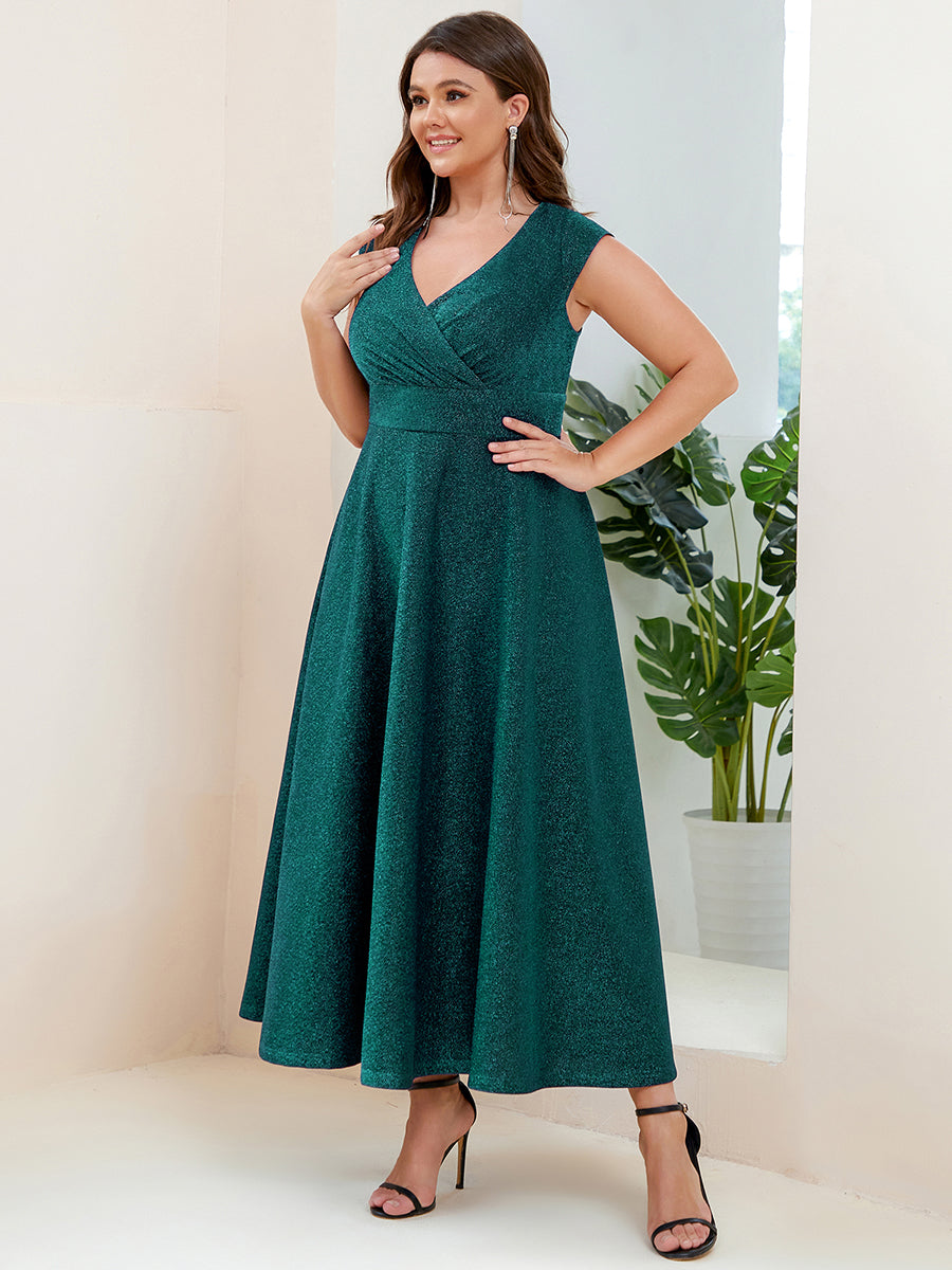 Robe de Soirée Plissée A-ligne à Manches Courtes de Grande Taille #Couleur_Vert Fonce Robe de Soirée Plissée A-ligne à Manches Courtes de Grande Taille
