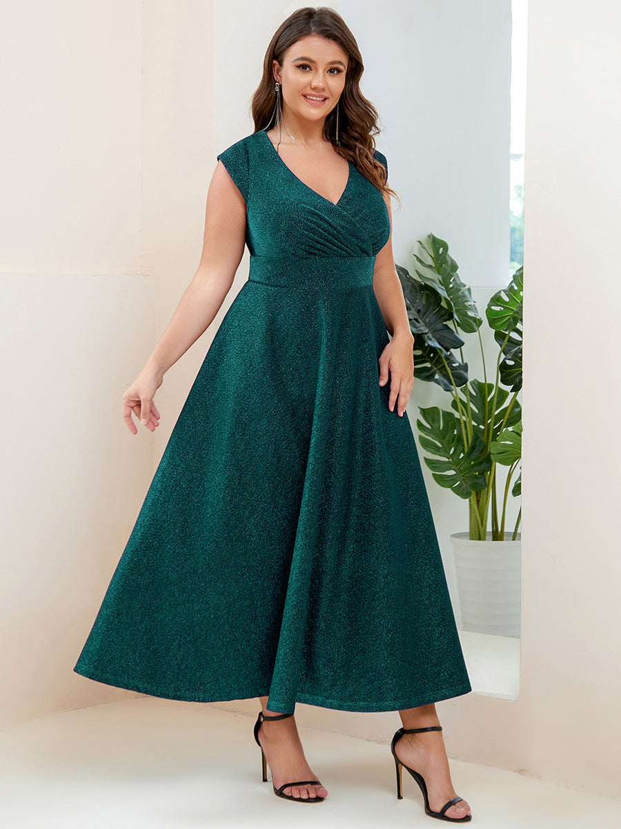 Robe de Soirée Plissée A-ligne à Manches Courtes de Grande Taille #Couleur_Vert Fonce Robe de Soirée Plissée A-ligne à Manches Courtes de Grande Taille
