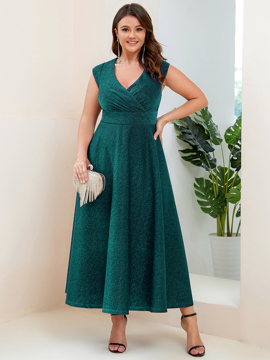 Robe de Soirée Plissée A-ligne à Manches Courtes de Grande Taille #Couleur_Vert Fonce Robe de Soirée Plissée A-ligne à Manches Courtes de Grande Taille