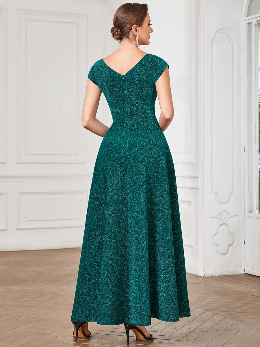 Robe de soirée trapèze plissée à manches courtes et col en V #Couleur_Bleu Marine Robe de soirée trapèze plissée à manches courtes et col en V