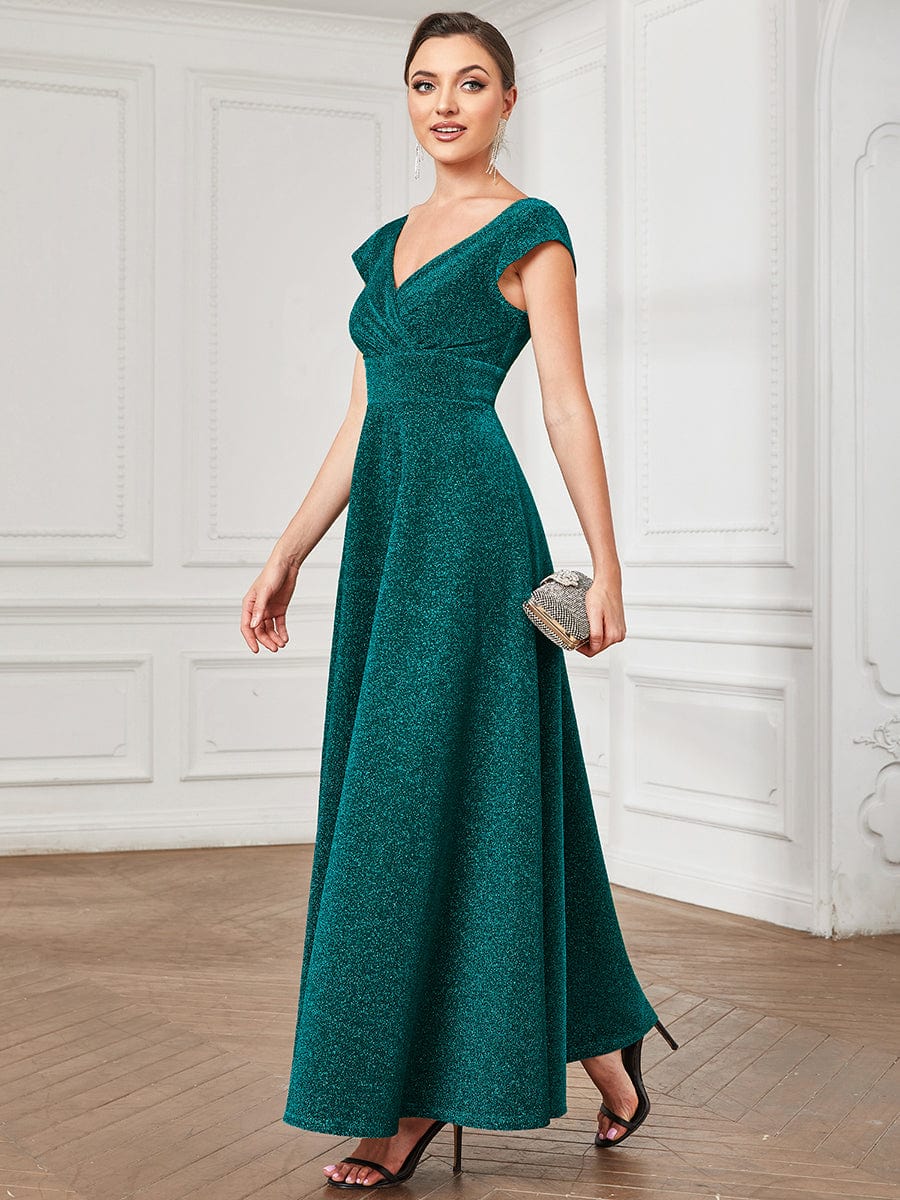 Robe de soirée trapèze plissée à manches courtes et col en V #Couleur_Bleu Marine Robe de soirée trapèze plissée à manches courtes et col en V