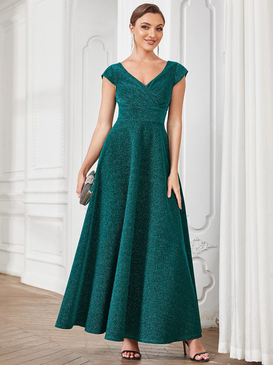 Robe de soirée trapèze plissée à manches courtes et col en V #Couleur_Bleu Marine Robe de soirée trapèze plissée à manches courtes et col en V