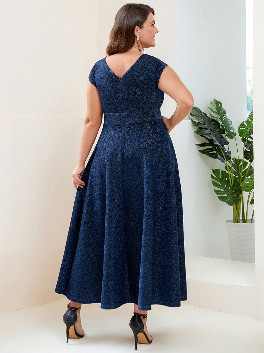Robe de Soirée Plissée A-ligne à Manches Courtes de Grande Taille #Couleur_Vert Fonce Robe de Soirée Plissée A-ligne à Manches Courtes de Grande Taille