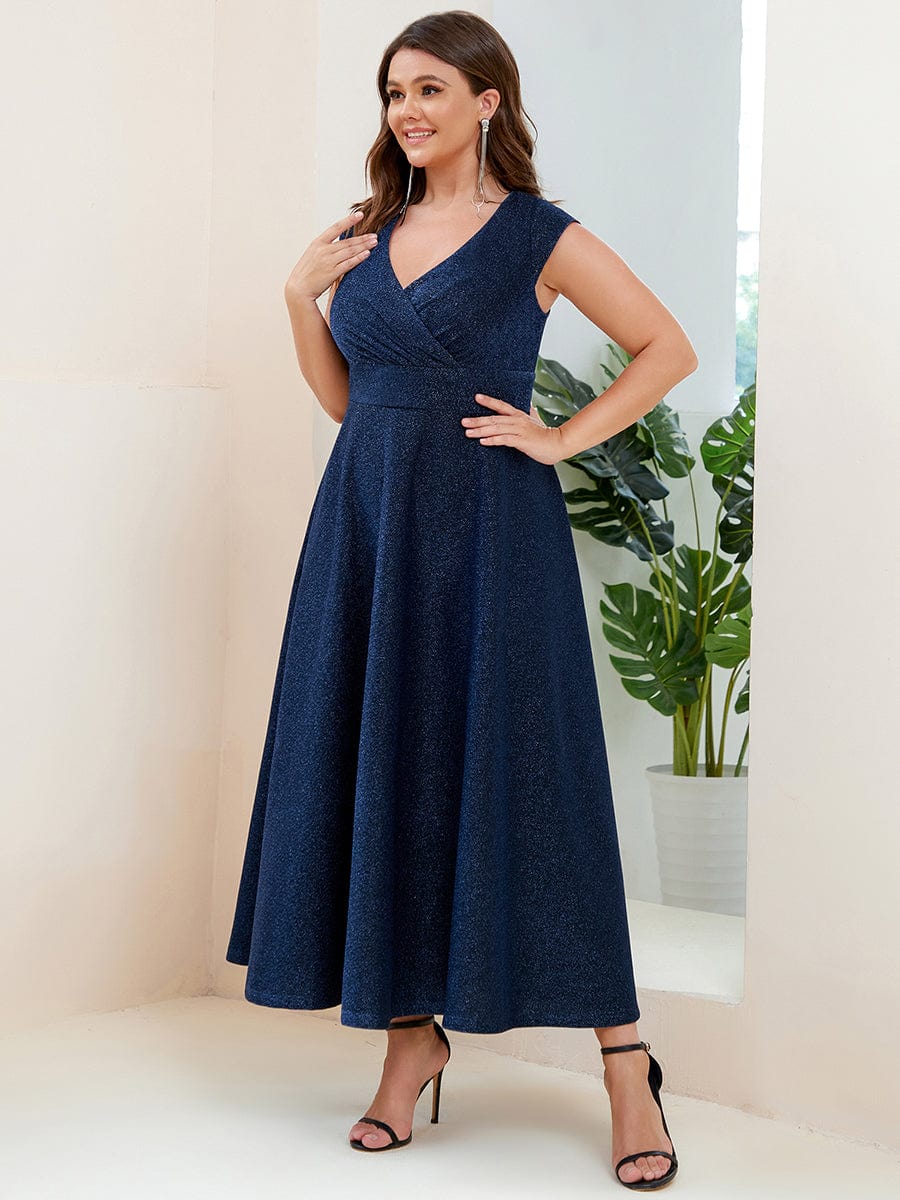 Robe de Soirée Plissée A-ligne à Manches Courtes de Grande Taille #Couleur_Vert Fonce Robe de Soirée Plissée A-ligne à Manches Courtes de Grande Taille