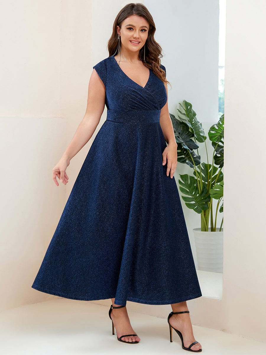 Robe de Soirée Plissée A-ligne à Manches Courtes de Grande Taille #Couleur_Vert Fonce Robe de Soirée Plissée A-ligne à Manches Courtes de Grande Taille