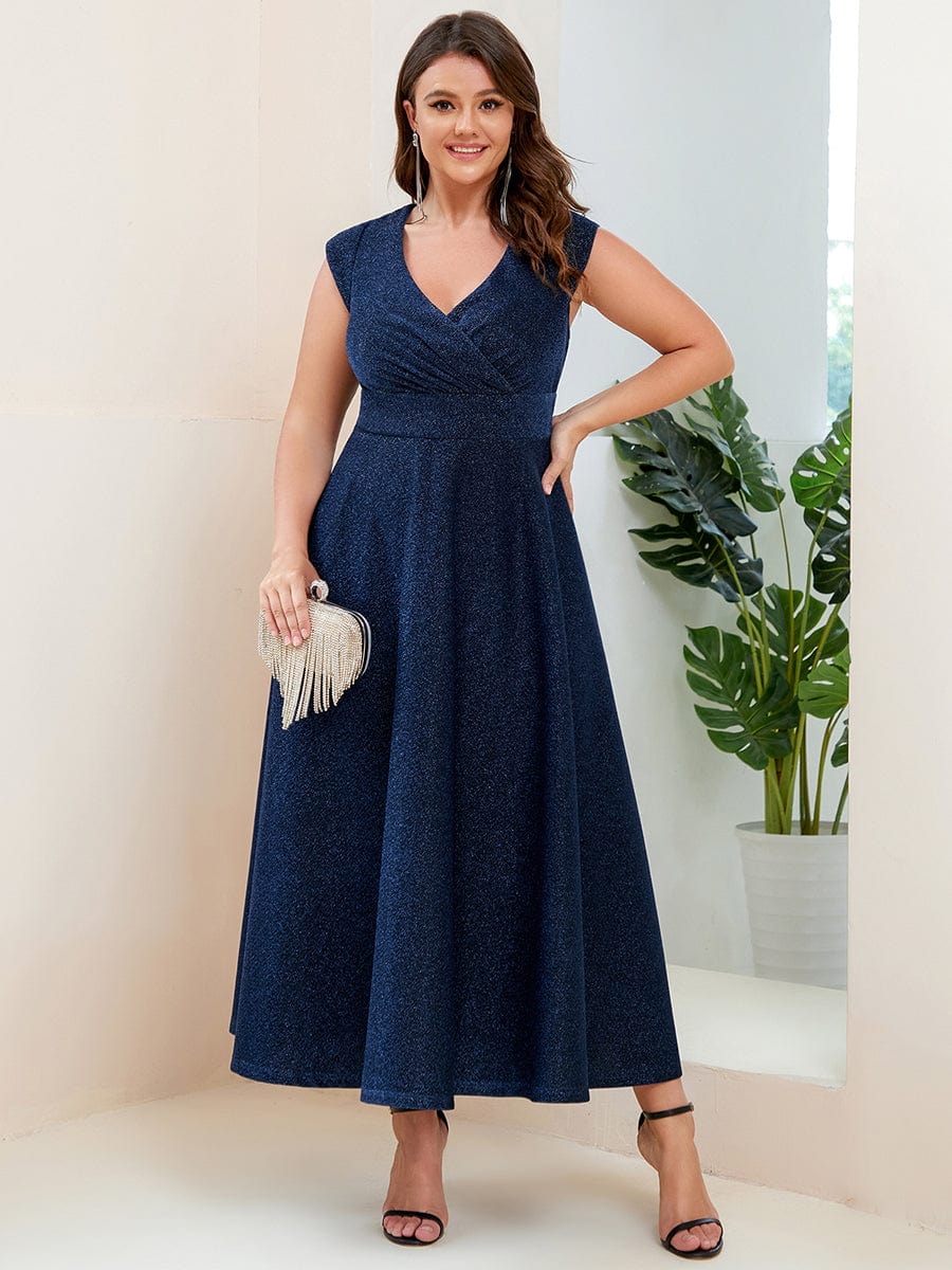 Robe de Soirée Plissée A-ligne à Manches Courtes de Grande Taille #Couleur_Vert Fonce Robe de Soirée Plissée A-ligne à Manches Courtes de Grande Taille