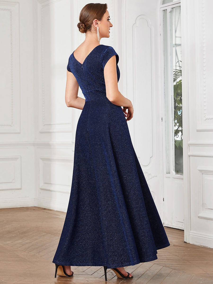 Robe de soirée trapèze plissée à manches courtes et col en V #Couleur_Bleu Marine Robe de soirée trapèze plissée à manches courtes et col en V