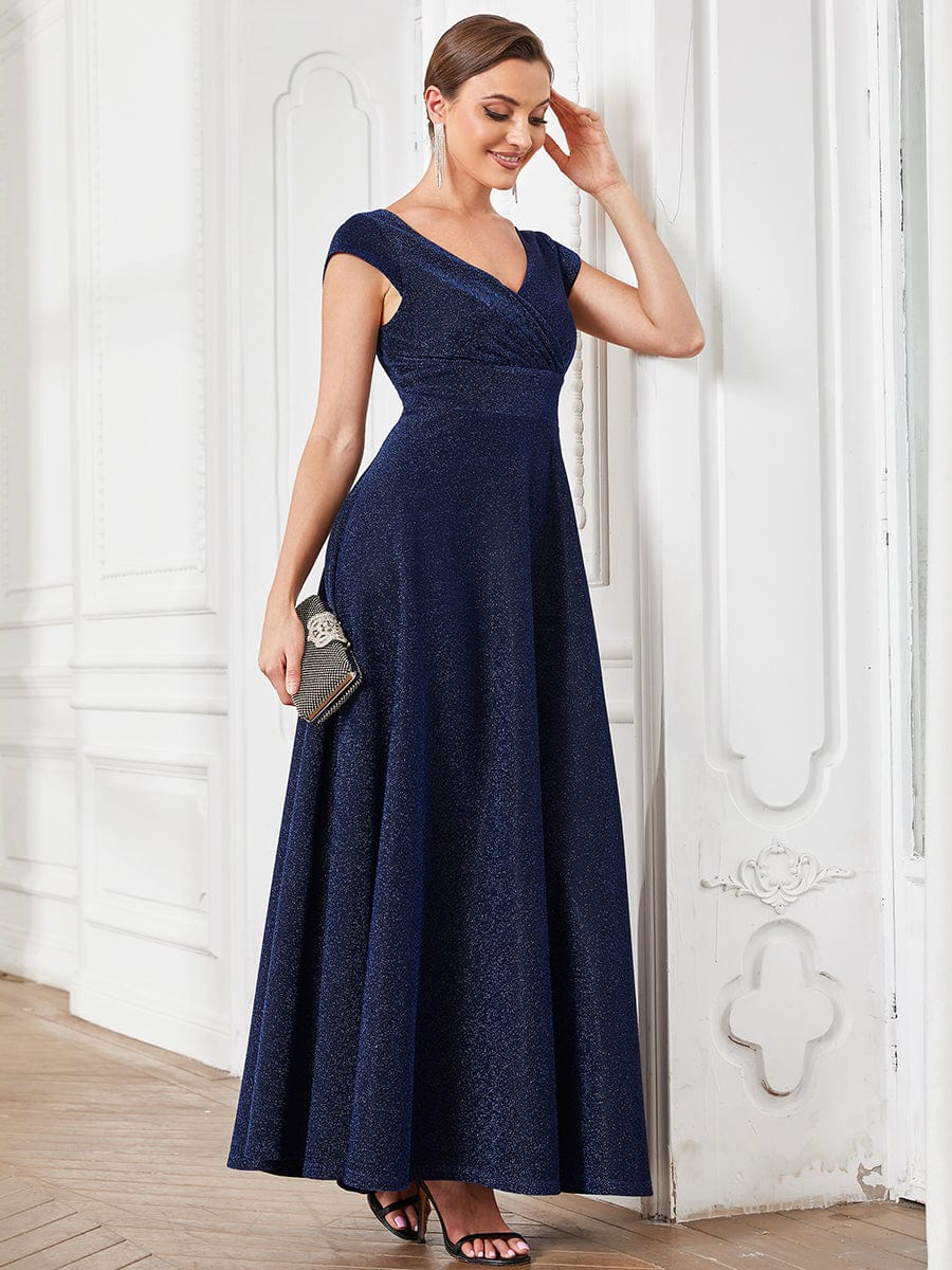 Robe de soirée trapèze plissée à manches courtes et col en V #Couleur_Bleu Marine Robe de soirée trapèze plissée à manches courtes et col en V