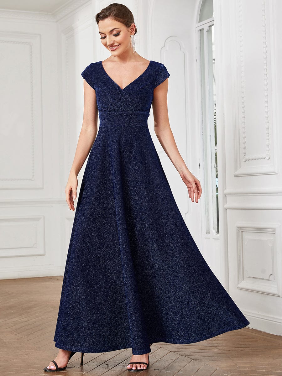 Robe de soirée trapèze plissée à manches courtes et col en V #Couleur_Bleu Marine Robe de soirée trapèze plissée à manches courtes et col en V