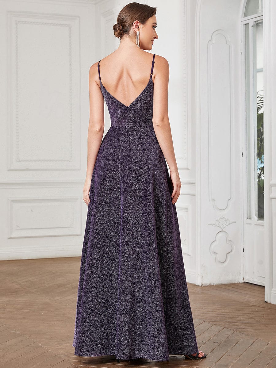 Robe de soirée plissée dos nu à bretelles minces #Couleur_Violet Fonce Robe de soirée plissée dos nu à bretelles minces