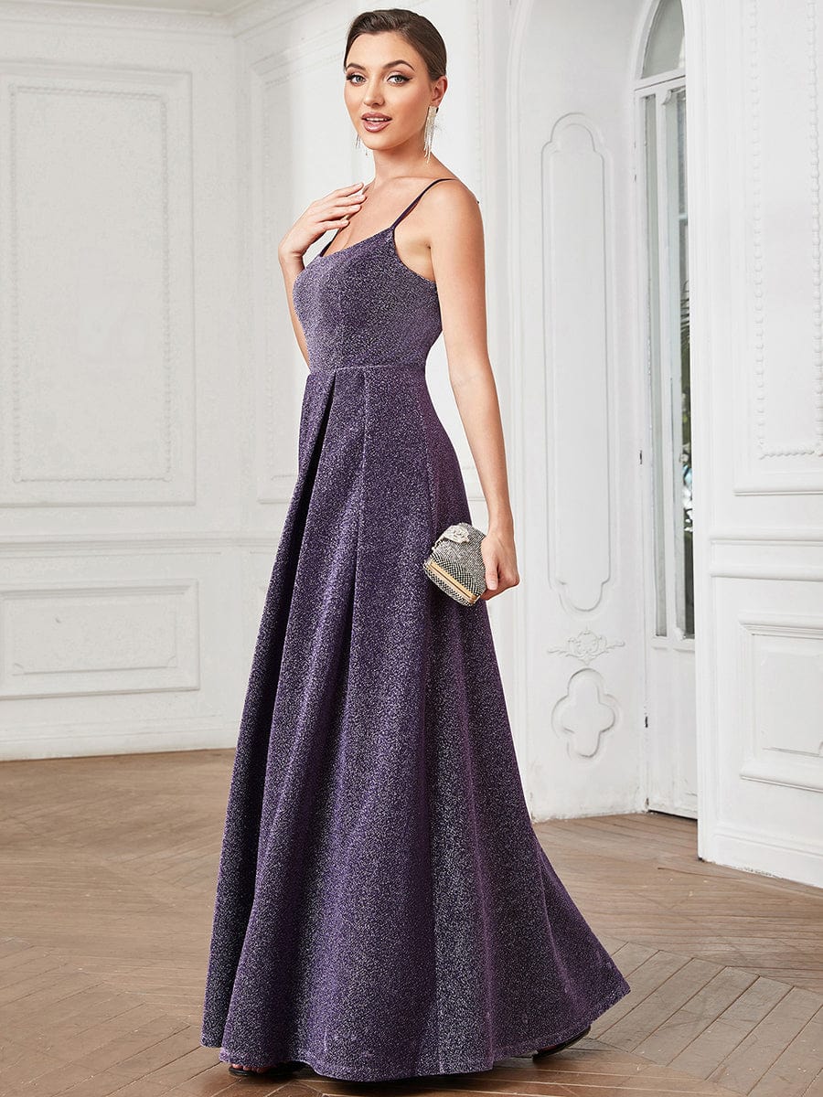 Robe de soirée plissée dos nu à bretelles minces #Couleur_Violet Fonce Robe de soirée plissée dos nu à bretelles minces