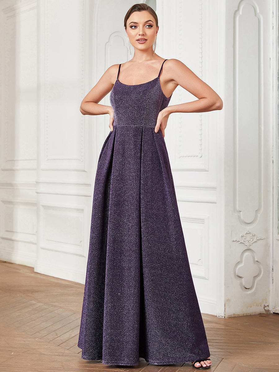 Robe de soirée plissée dos nu à bretelles minces #Couleur_Violet Fonce Robe de soirée plissée dos nu à bretelles minces