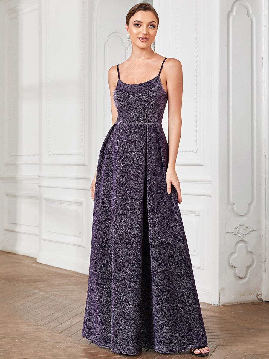 Robe de soirée plissée dos nu à bretelles minces #Couleur_Violet Fonce Robe de soirée plissée dos nu à bretelles minces