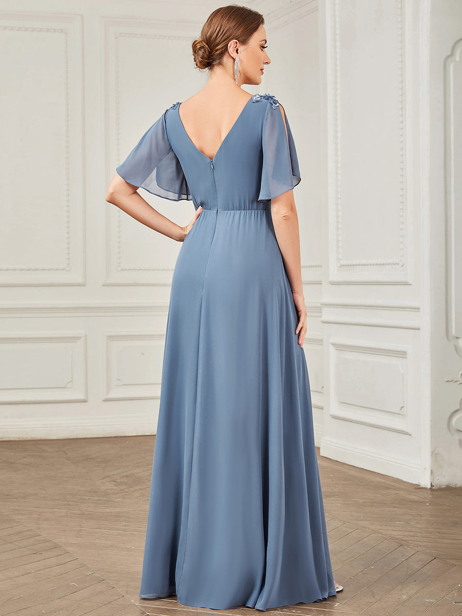 Robe de soirée Mousseline plissée à col en V et paillettes #Couleur_Marine Fume Robe de soirée Mousseline plissée à col en V et paillettes