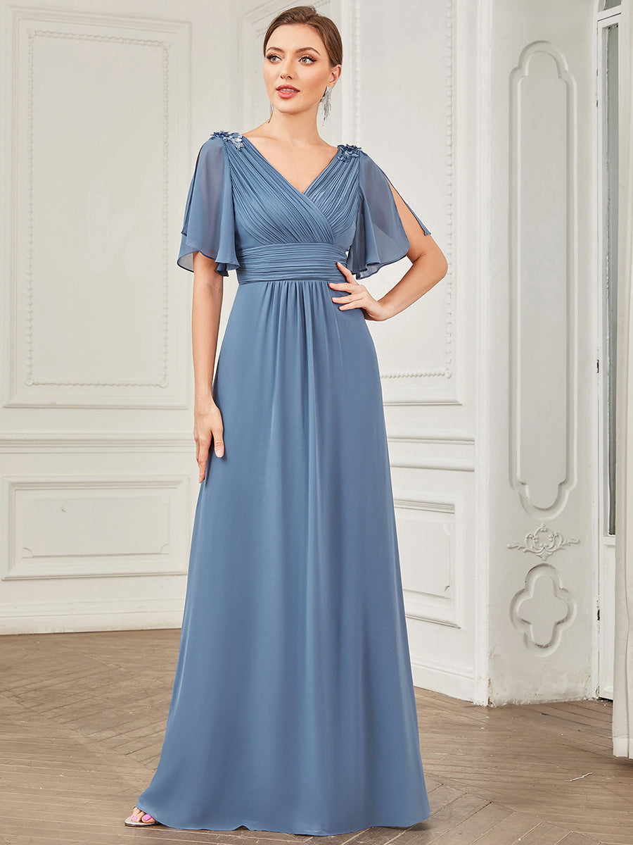 Robe de soirée Mousseline plissée à col en V et paillettes #Couleur_Marine Fume Robe de soirée Mousseline plissée à col en V et paillettes