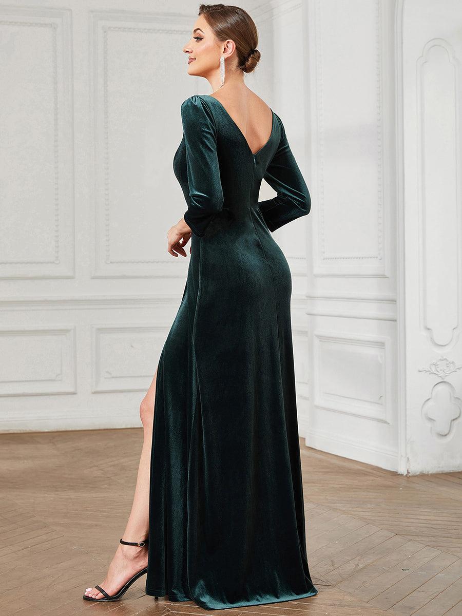 Robe de soirée trapèze en velours Col en V plongeant Fendue #Couleur_Vert Fonce