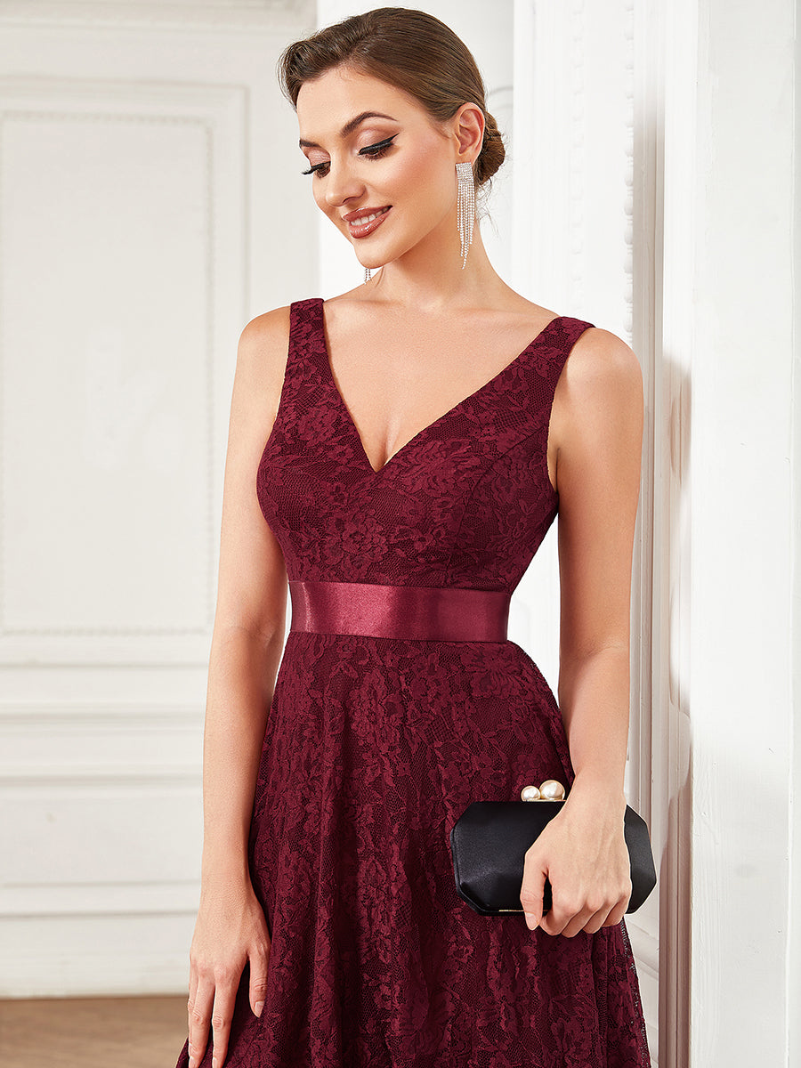 Robe de Soirée Asymétrique à la Taille en Ruban en Dentelle #Couleur_Bordeaux Robe de Soirée Asymétrique à la Taille en Ruban en Dentelle