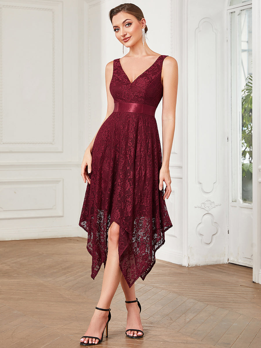 Robe de Soirée Asymétrique à la Taille en Ruban en Dentelle #Couleur_Bordeaux Robe de Soirée Asymétrique à la Taille en Ruban en Dentelle