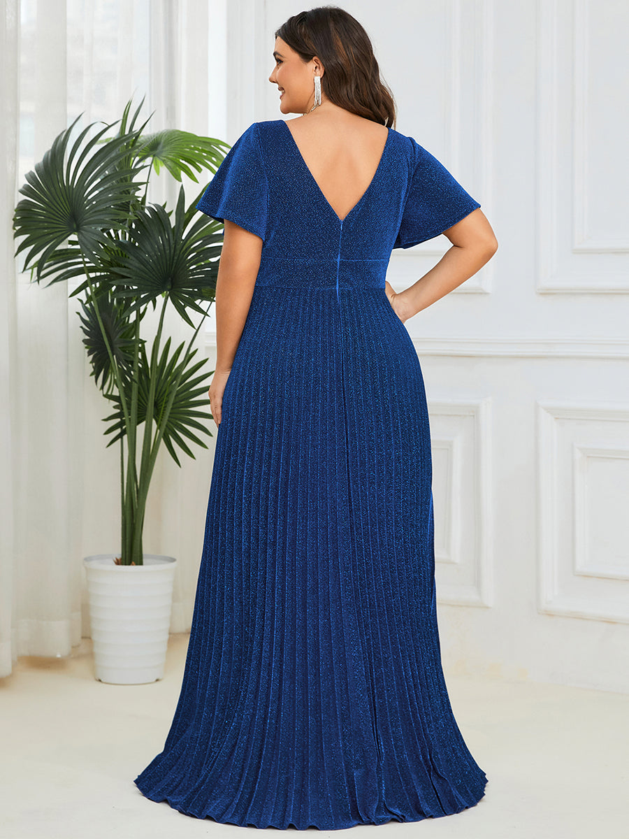 Robe de soirée plissée à manches courtes et col en V #Couleur_Bleu Saphir Robe de soirée plissée à manches courtes et col en V
